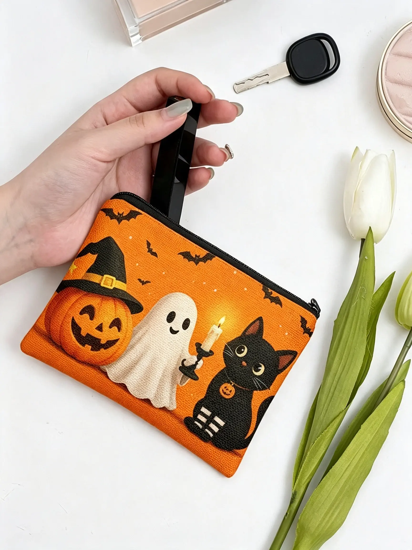 Halloween Pumpkin Ghost Cat Linen Zero Wallet, Mini Coin Purse, Makeup Bag, Unisex, Zippered, Lightweight, Durable