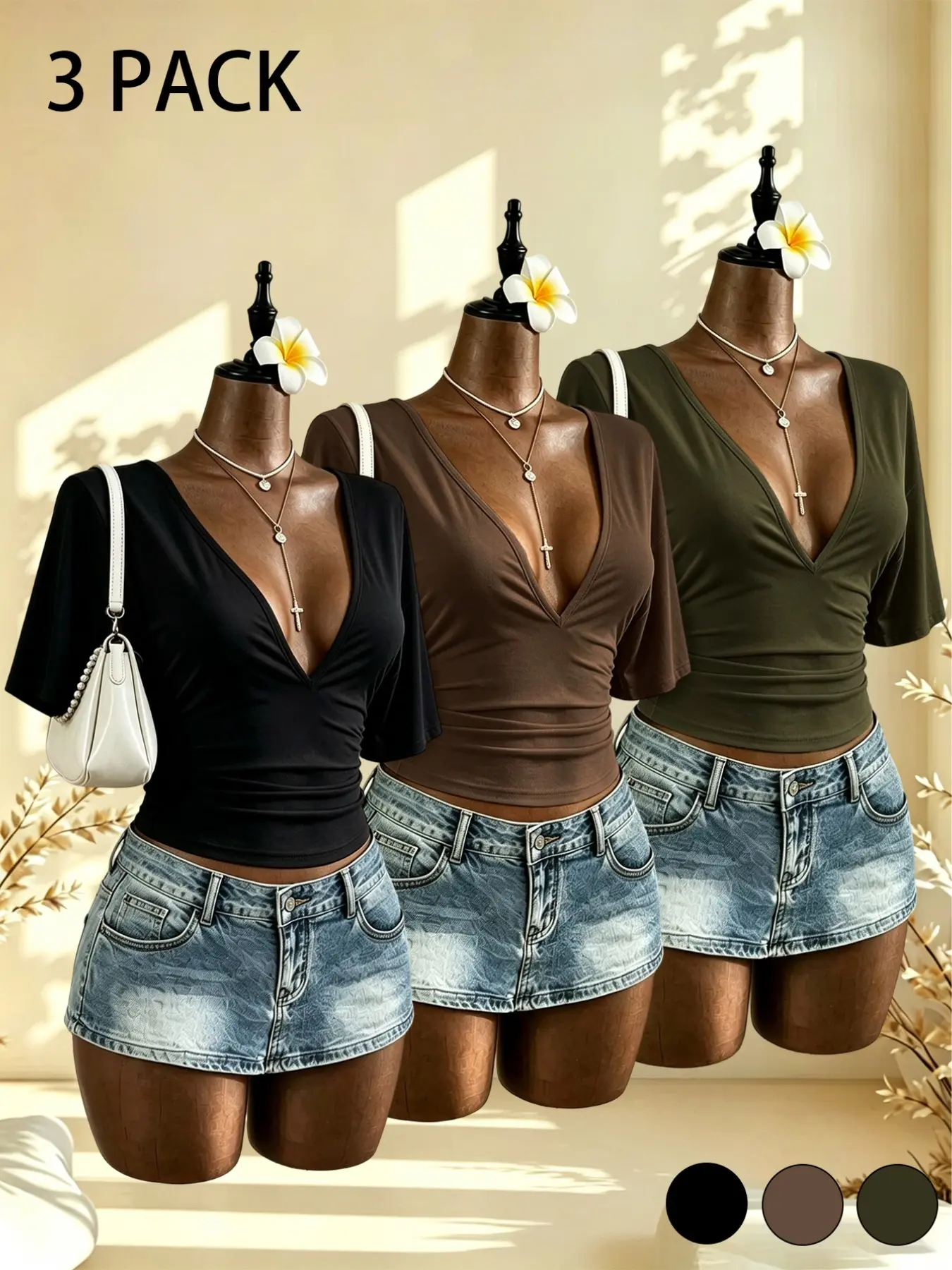 3-Pack Women's Ruched Waist Cropped T-Shirts | Summer Ladies' Tops | Deep V-Neck, Short Sleeve | Casual Summer Wear | Body-Flattering Ruched Design | Perfect for Casual Outings and Everyday Wear
