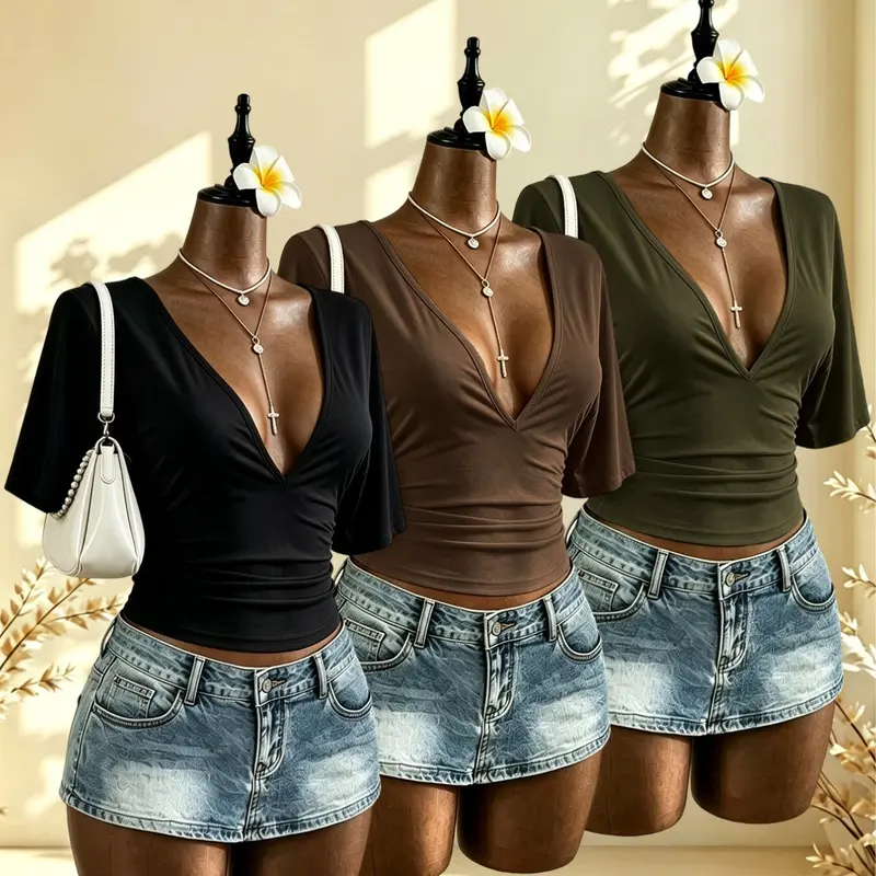 3-Pack Women's Ruched-Waist Cropped T-Shirts, Deep V-Neck Short Sleeve Summer Casual Basic Tops, Body-Flattering Design for Daily Wear