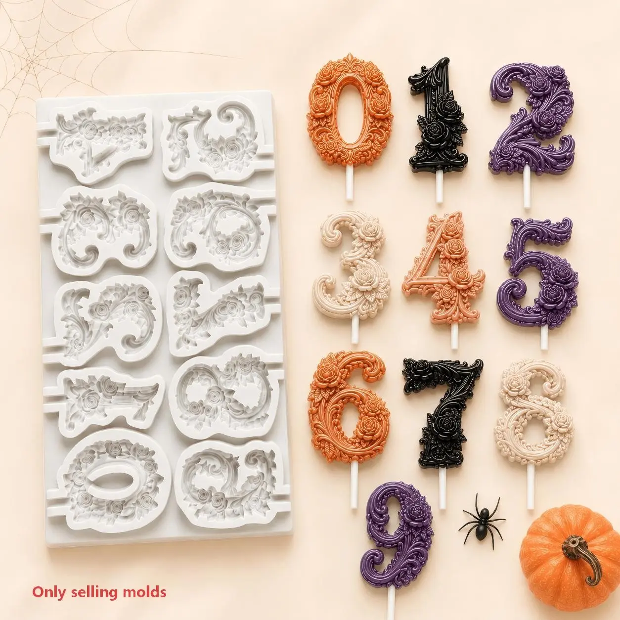 Vintage Baroque Rose 0-9 Number Lollipop Silicone Mold, Non-Stick Reusable Chocolate Candy Pop Mould, Gothic Floral Digit Cake Topper Molds for Halloween Birthday Party DIY Baking Dessert Decoration