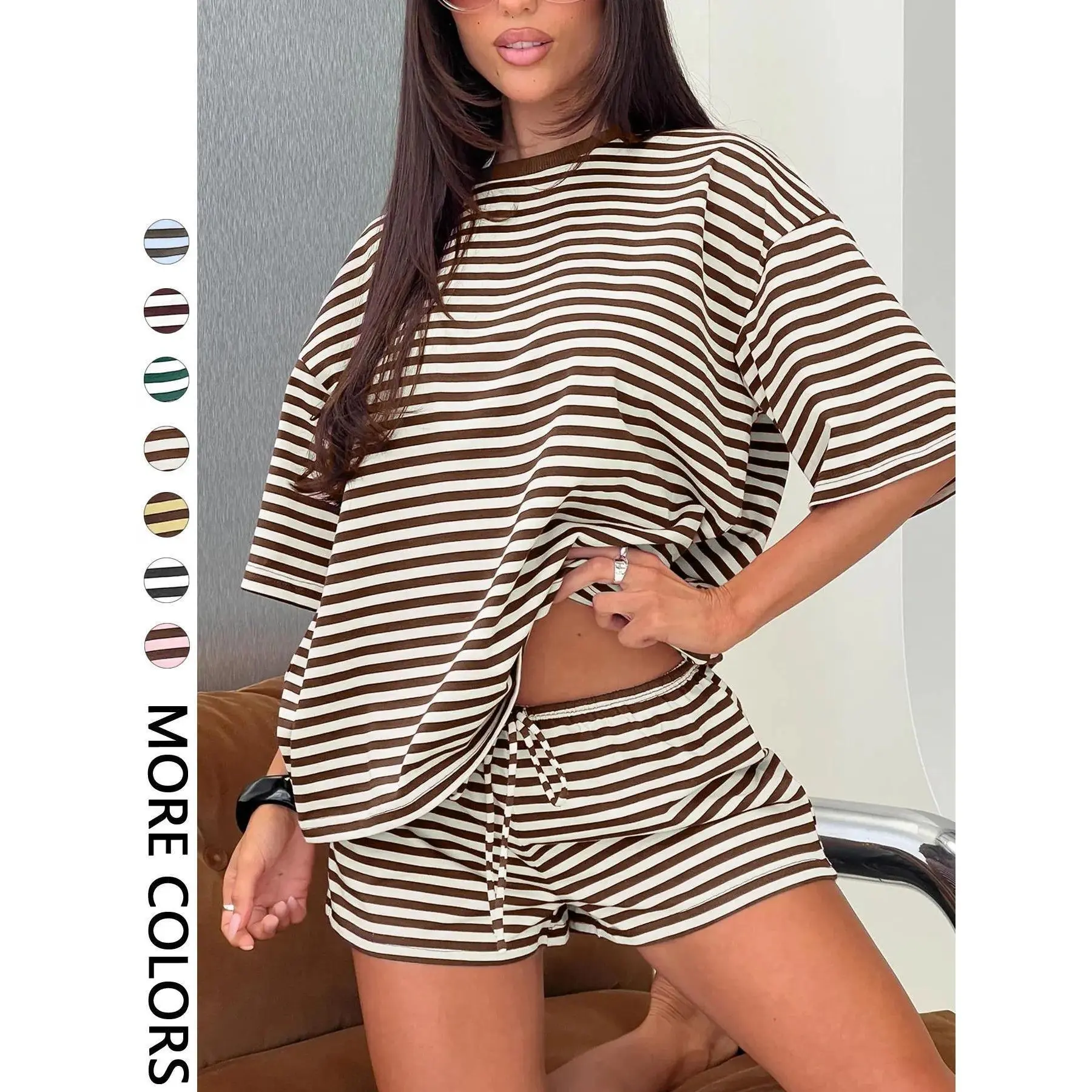 Womens Striped Print Two Piece Lounge Set Oversized Short Sleeve T Shirt Drawstring Shorts Soft Knit Y2K Matching Outfit Casual Daily Home Wear Vacation Streetwear
