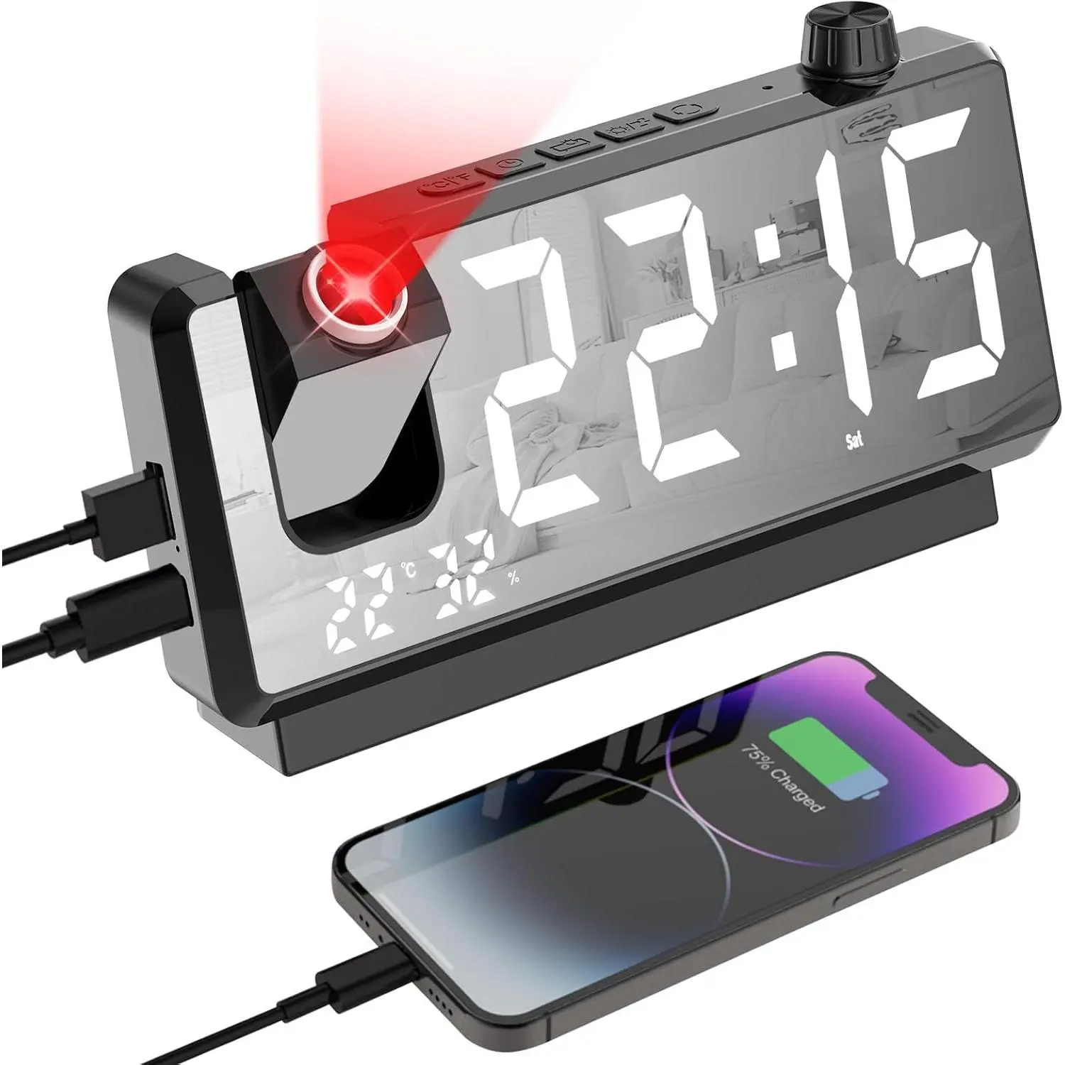 Black Digital Projection Clock with Memory & Synthetic Build - 7" Large LED Display, 180-Degree Adjustable Projector, Alarms, Temperature&Humidity Display, USB Port, 12/24H, Snooze, for Heavy Sleepers, Decorative Home Supplies Wide Use Wall Clock