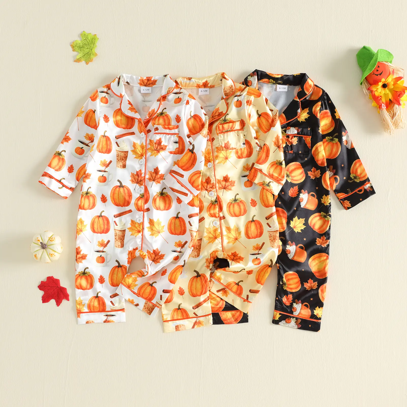 Babamoon Toddler Infant Baby Girl Boy Halloween Pajamas Pumpkin Print Long Sleeve Button-up Jumpsuit Sleepwear 0-24M