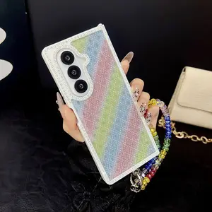 Compatible with Galaxy Z Fold7/Z Fold6/Z Fold5/Z Fold4, Gradient Rhombus Double-Sided Rhinestone Phone Case with Hand Strap Shockproof Cover HNZ0647