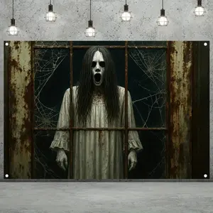 Rusty Window Haunted House Halloween Backdrop Party Background Cloth, Gothic Spider Web Tapestry Wall Hanging Photography Background Premium Polyester Fabric, Horror Party Decor, Studio Photography Setup, Event Prop, Halloween Celebration Background