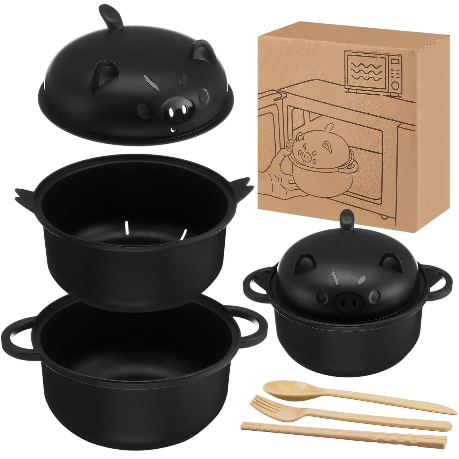 45oz Large Cute Pig Ramen Noodle Bowls Set - BPA-Free, with Filter Cover, Handle, Cutlery (Spoon, Chopsticks, Fork), Microwavable Kitchen Tableware for Home, University Use, Great Gift for Ramen Lovers, Pork