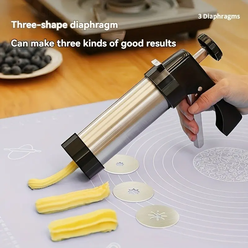 Stainless Steel Manual Cookie Press, 3 Shapes Piping Bag Gun, Home Baking Dough Extruder Tool, DIY Dessert Making Kit with Cleaning Brush