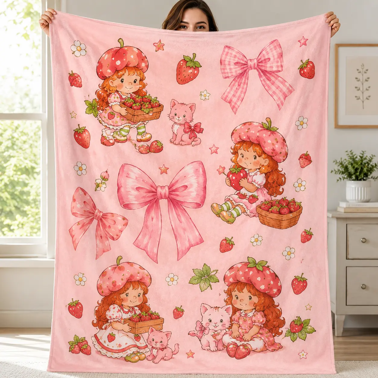 Countdown Sale! Ultra-Soft Flannel Cartoon Strawberry & Girl Graphic Blanket - Cozy Bedding Throw, Room Decor, House Decor, Homegoods, Teen Girl Gift, Girly Home Accessory