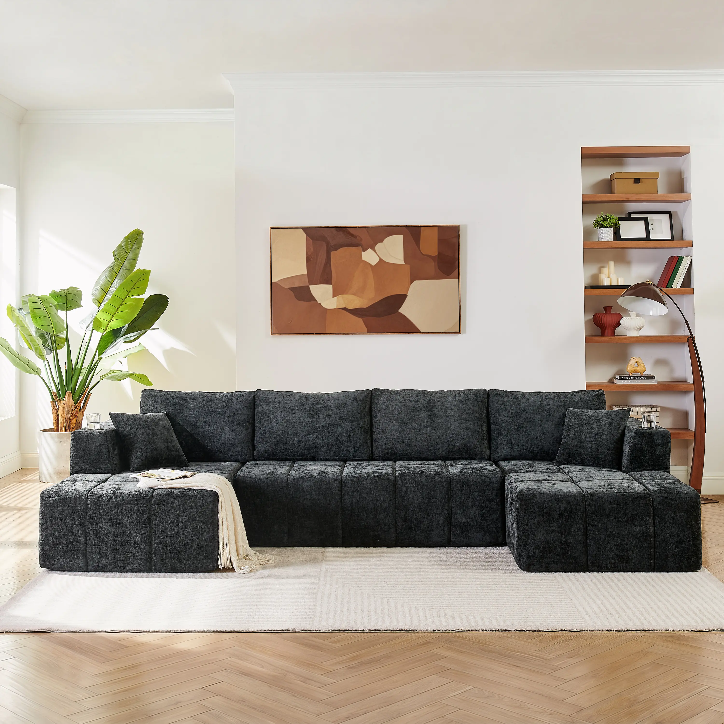 ARCH U-Shaped Chenille 6-Seat Compression Sectional Sofa - Cloud Style Modular Couch with Dual Chaises, Cup Holders, Side Pockets, No Assembly Required for Living Room (Black)