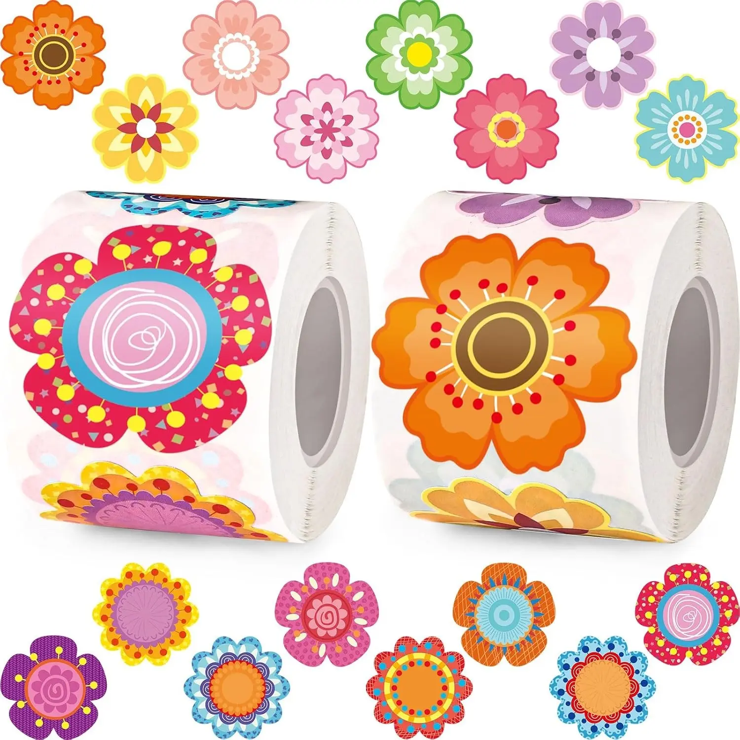 600Pcs Self-Adhesive Flower Stickers | 2 Rolls Spring Summer Floral Decals for Water Bottles, Scrapbooks, Gift Cards, Envelopes, Classroom Rewards, School Events, Party Supplies(Gift)