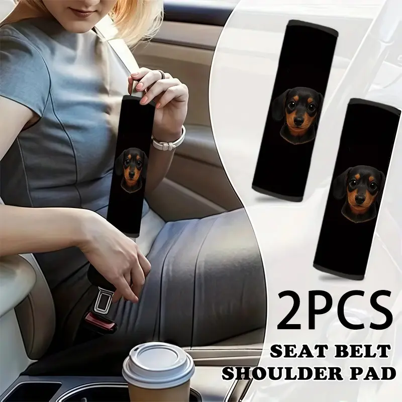 2pcs 9.8x11.3 Inch Cute Dachshund Puppy Pattern Car Seat Belt Shoulder guard cover, Car Decoration, Car Interior Accessories, Universal Size, Comfortable and Stylish, Quick Installation and Removal, Ideal Gift for Car Enthusiasts, Holiday Gift, 2.03LYY-4