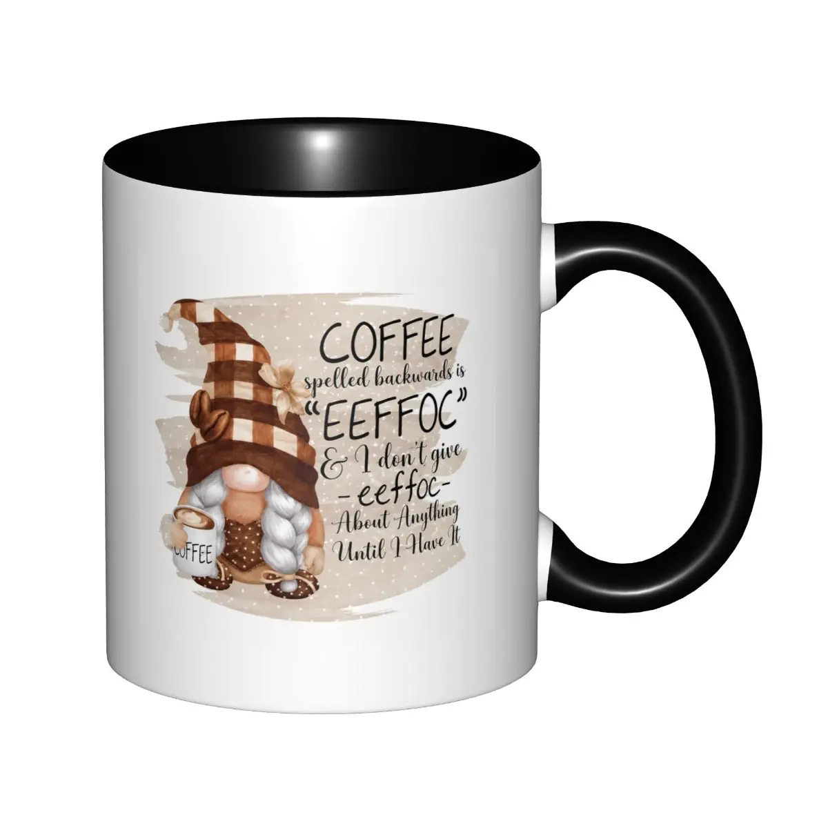 Coffee Spelled Backwards Is Eeffoc Gnome Coffee Mug, Funny Gnome Coffee Lover Quote Watercolor Graphic Plain White Ceramic Mug, Novelty Coffee Addict Gift # EeffocMug # CoffeeLoverMug