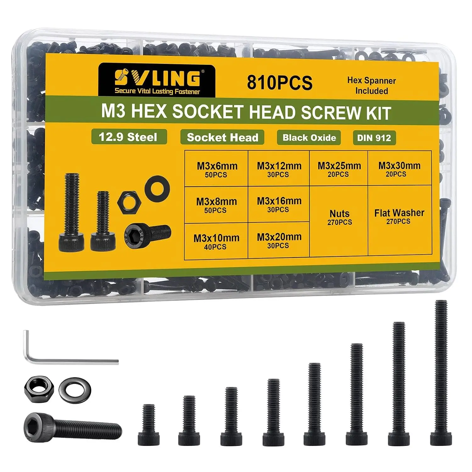 810 count M3 Screws  Kit,Hex Socket  Cap Screws  Nuts Washer Set,12.9 Grade Alloy Steel,Black Oxide M3 x 6/8/10/12/16/20/25/30mm,for  Printer,DIY Project