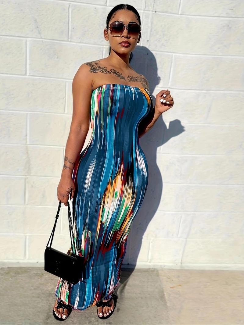 Women's All Over Print Backless Split Hem Bodycon Dress, Fashion Casual Elegant Sleeveless Bodycon Sleeveless Long Tube Dress for Summer, Women's Clothing for Club Party, Summer Outfits 2024 Valentine's Day, gift