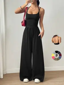 Backless Halter Leggings Set, Casual Vacation, European Style Simple Bodysuit, Summer Fashion, Date Night, Travel, Afternoon Tea