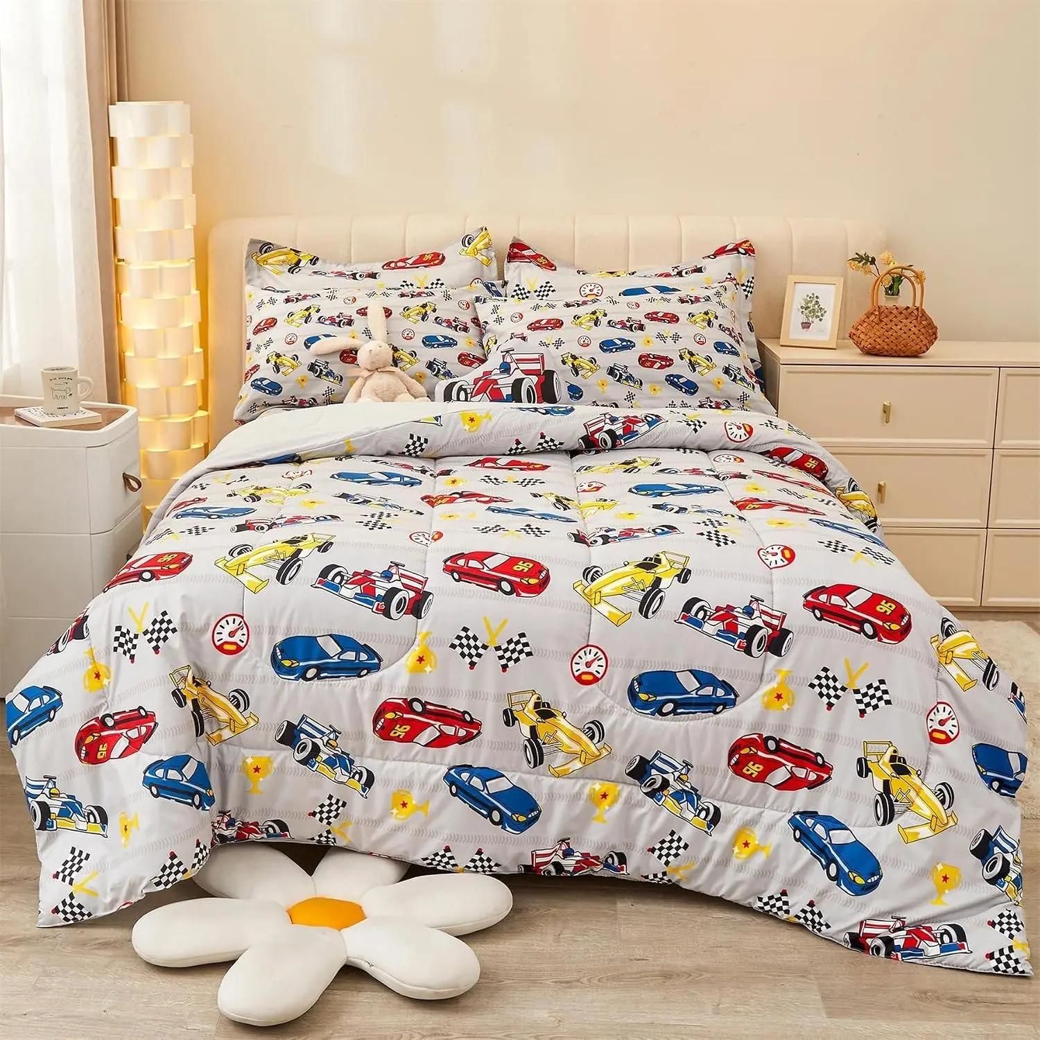 Full Size Comforter Sets for Boys Kids, 8 Pieces Bed in a Bag Racing Car Bedding Comforter Sheet Set with Shams and Decorative Toy Pillow, Ultral Soft Microfiber Kids Bed Set