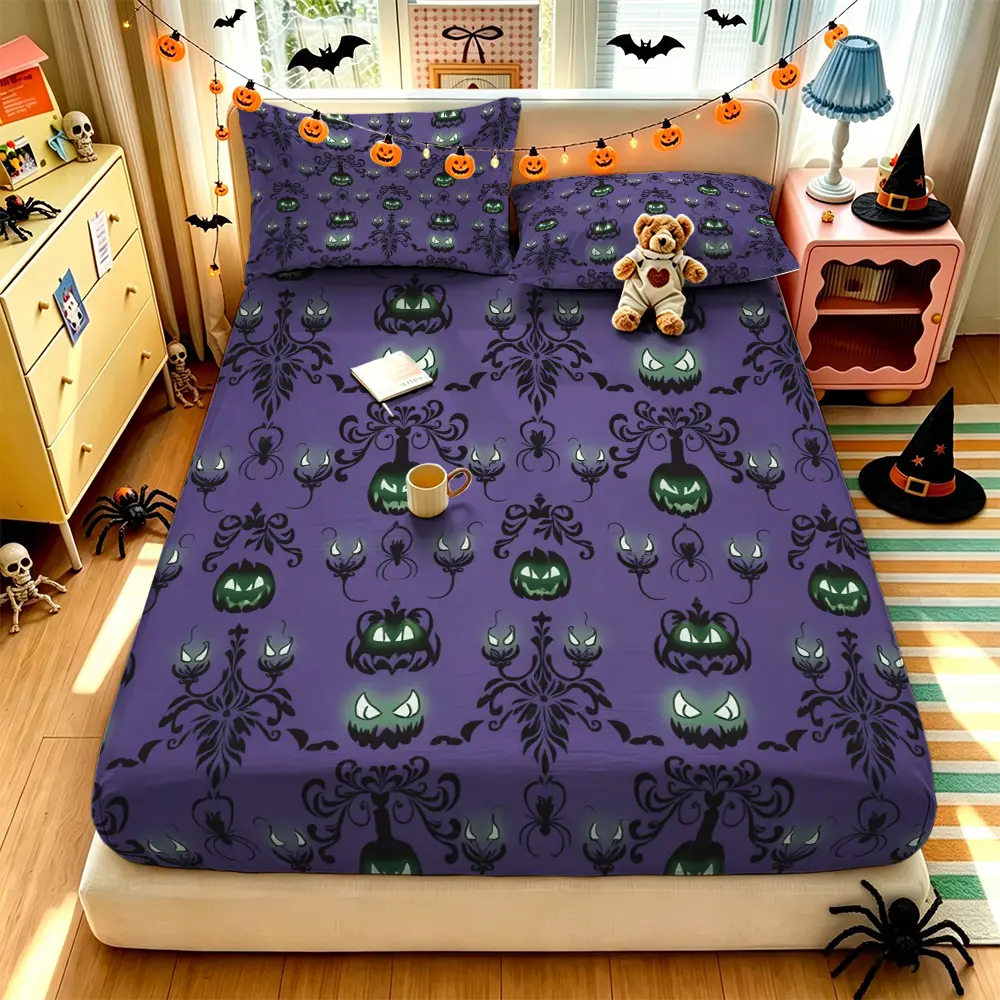 (1 fitted sheet + 2 pillowcases, no filler),Halloween flame pumpkin pattern,Safe harmless fitted sheet 3-piece set with soft skin-friendly texture, machine washable duvet cover set for dorm and bedroom, usable all year round