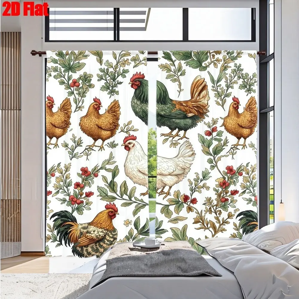 2D Flat 2Pcs Farmhouse Chic Curtains with Vintage Rooster Hen Chicken Floral Pattern, Farm Animal Decor, Spring Garden Refresh, High Definition Printing, Rustic Country Style, All-Season Window Treatments for Home Living Room Bedroom Dining Kitc
