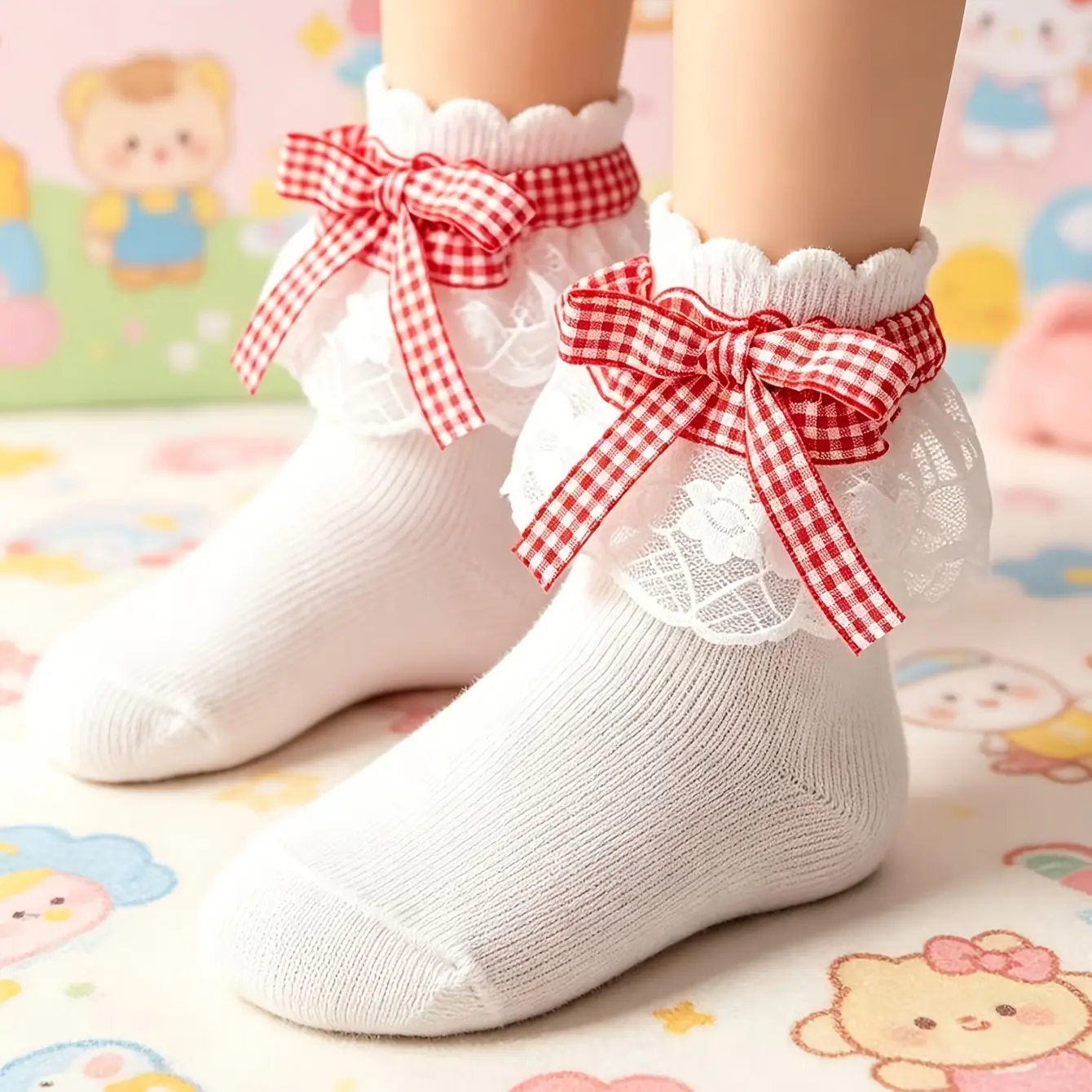 Children's small checkered bow breathable socks, school uniform socks, dance socks, performance socks-DHY