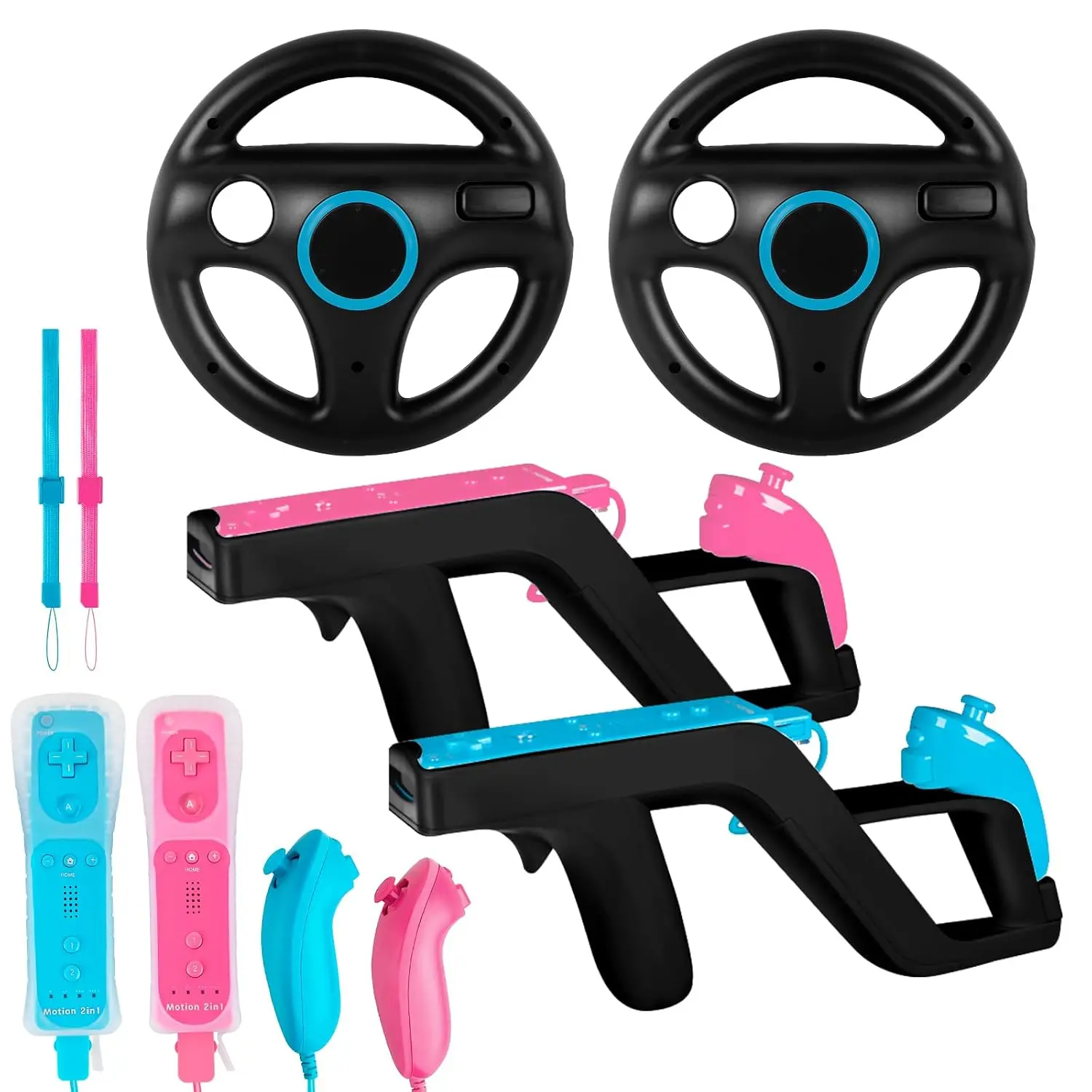 Wii U Deluxe Gaming Set - 2 Pack Black Steering Wheels and Wii Zapper Light  + 2 Motion Plus  Controllers with  + 2  Cases & Wrist Straps, Compatible with  Wii & Wii U Console (Blue & )
