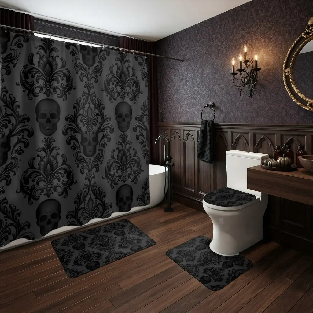 4pcs Dark Damask Scroll Skull Pattern Shower Curtain Set, Vintage Gothic Bathroom Accessory Kit, The floor mat fabric is thicker and softer! Moody Halloween Decor