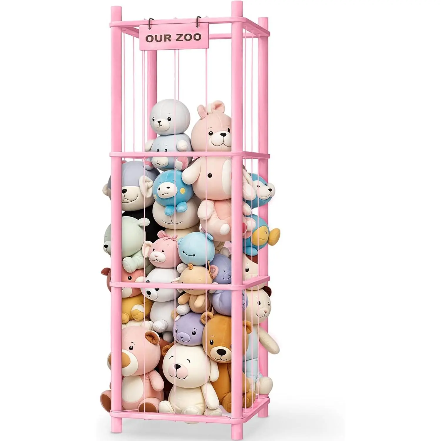Woodure Stuffed Animal Storage & Organizer, Wooden Cute Zoo Toy Holder for Toddler Rooms, Playrooms & Bedrooms(Pink)