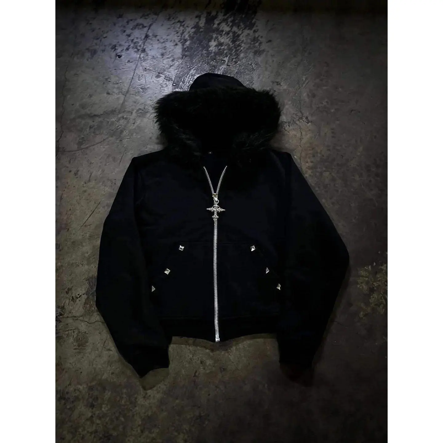 New European and American plush collar hot pressed diamond cardigan zipper hoodie hot pressed diamond dark style y2k trendy stre