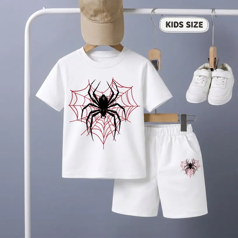 Boys’ Spider Printed Design Short Sleeve T-Shirt And Shorts Set, Casual Kids Summer Outfit, Comfortable Crew Neck Clothing Set For Daily Wear And Outdoor Play