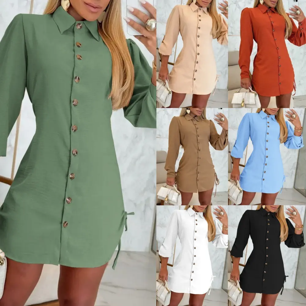 2026 new autumn women's long sleeve solid color dress with side drawstring fashion casual daily wear