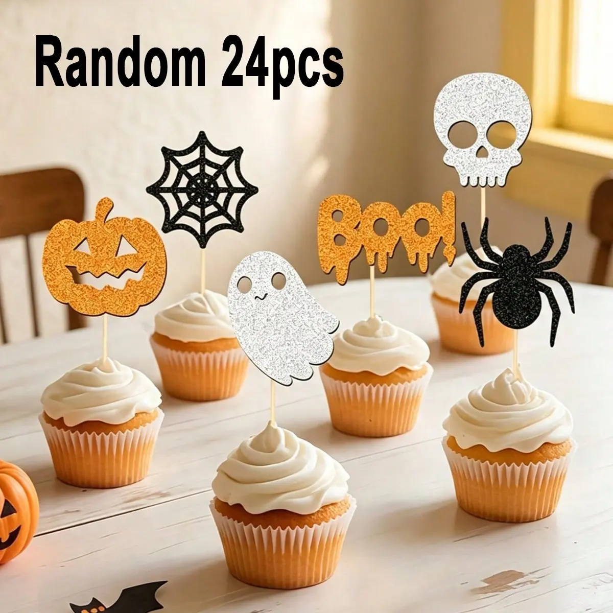 24 Halloween Witch Paper Cupcake Decorations, Glitter Witch Ghost Pumpkin Cat Shapes, Horror Theme Party Cupcake Decorating Supplies