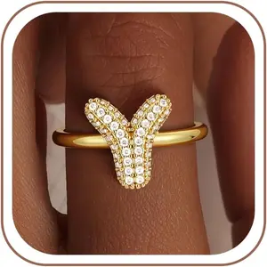 Bubble Initial Ring Easter Basket Stuffers for Women, Fade-Proof 14k Gold Stackable Letter A-Z Rings Open Adjustable CZ Personalized Fashion Trendy Statement Jewelry