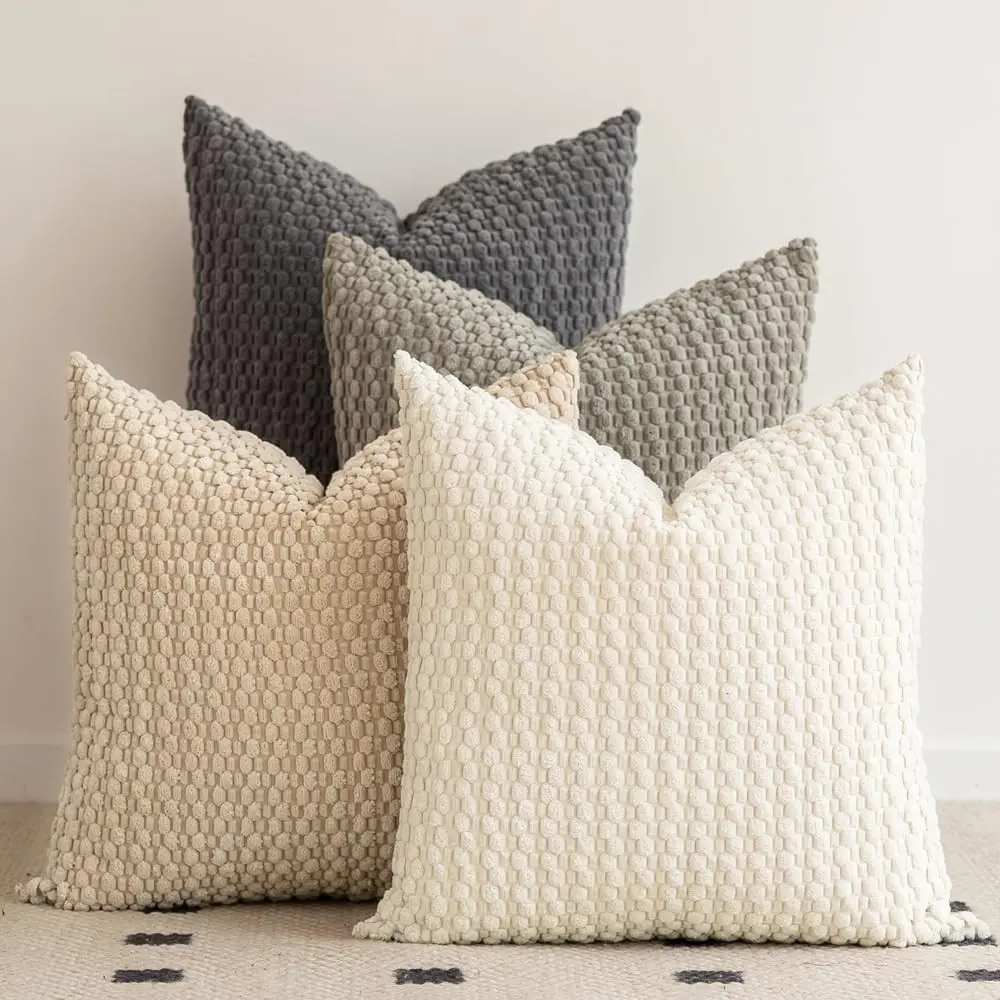 4PCS 3D Popcorn Corduroy Raised Texture Throw Pillow Covers, Multi-Color, Bedroom Decorative Accessories, Boho Farmhouse Decorative, Ultra-Soft Striped Corduroy Square for Sofa Bedroom Living Room All-Season Decor(Without pillow insert)