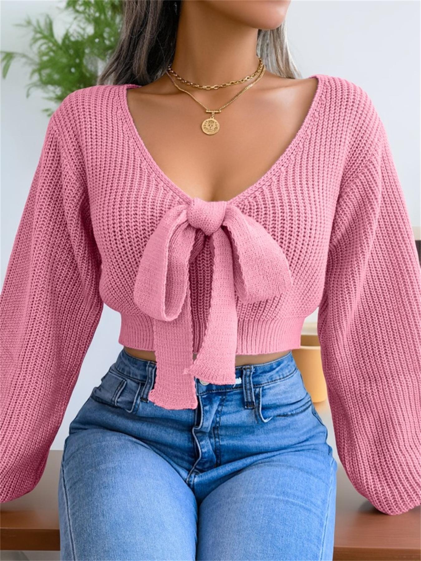 Women's Plain Bow Decor Tie Front Fitted Crop Sweater, Casual Chic Bishop Sleeve V Neck Jumper for Fall & Winter, Women's Knitwear for Daily Wear