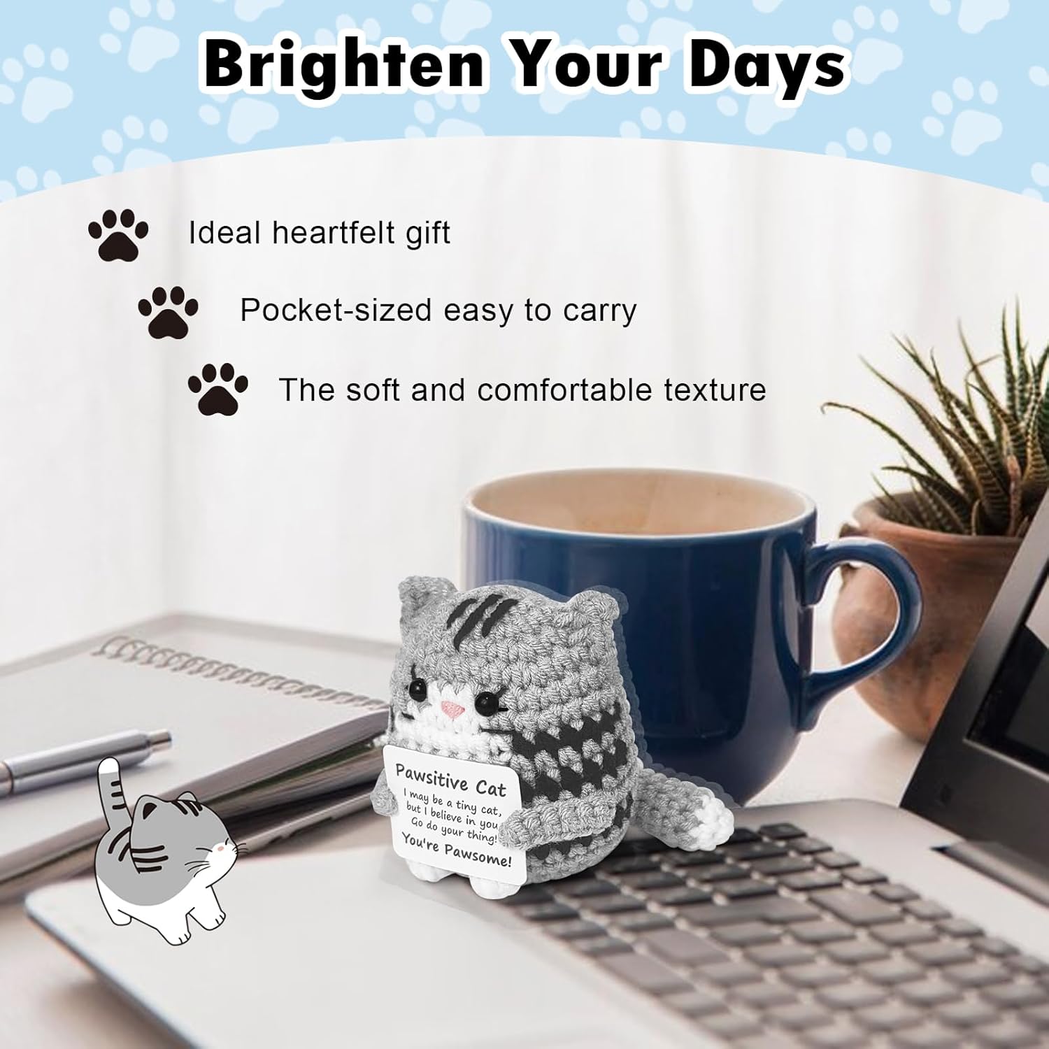 Positive Crochet Cat Mini Animal Emotional Cheer Up Support Gifts, Funny Crochet Mini Handmade Cat for Women Men Friends Mom Daughter Son Teen Birthday Mothers Day Decor Graduation Gifts