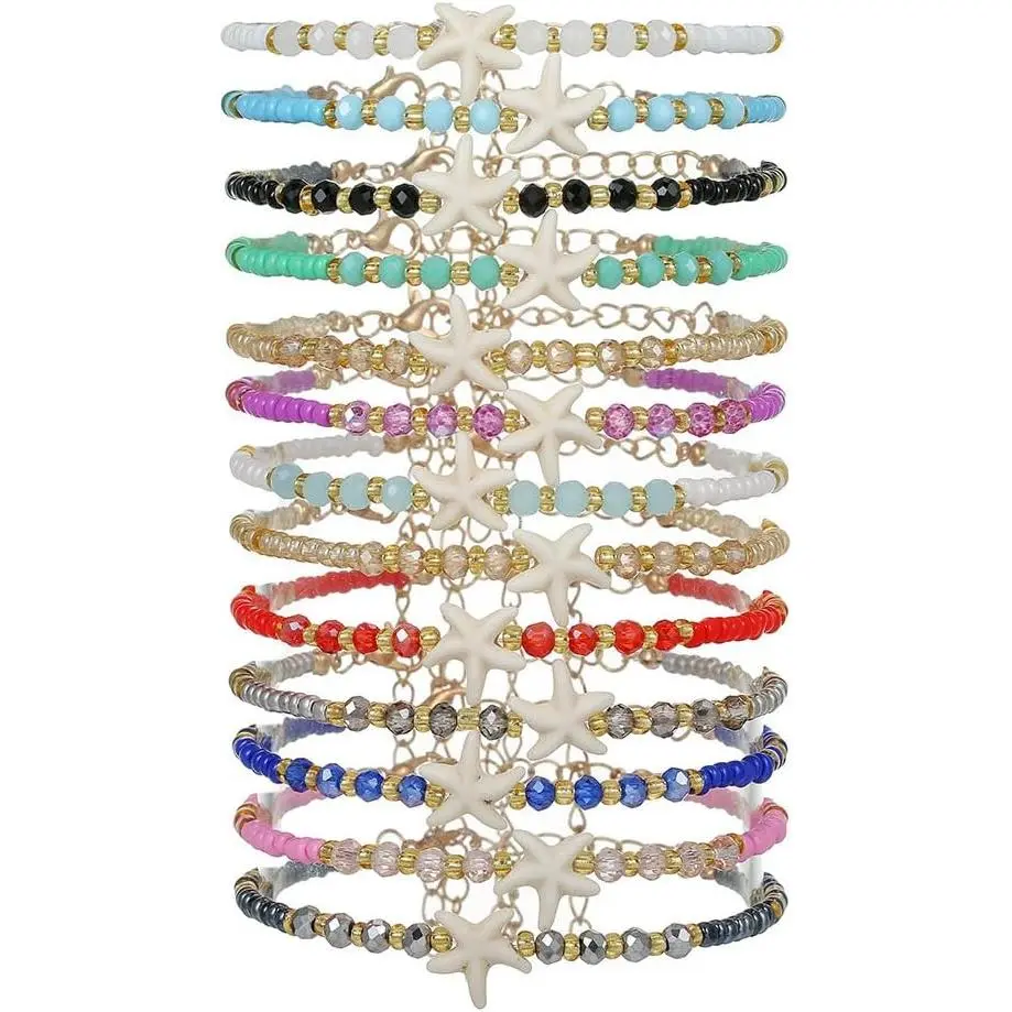 12 count Colorful Starfish Shell Turtle Beads Braided Rope Bracelets  Adjustable Glass Beaded Starfish Surfer Friendship Stackable Bracelet for Women Men Boho Summer Beach