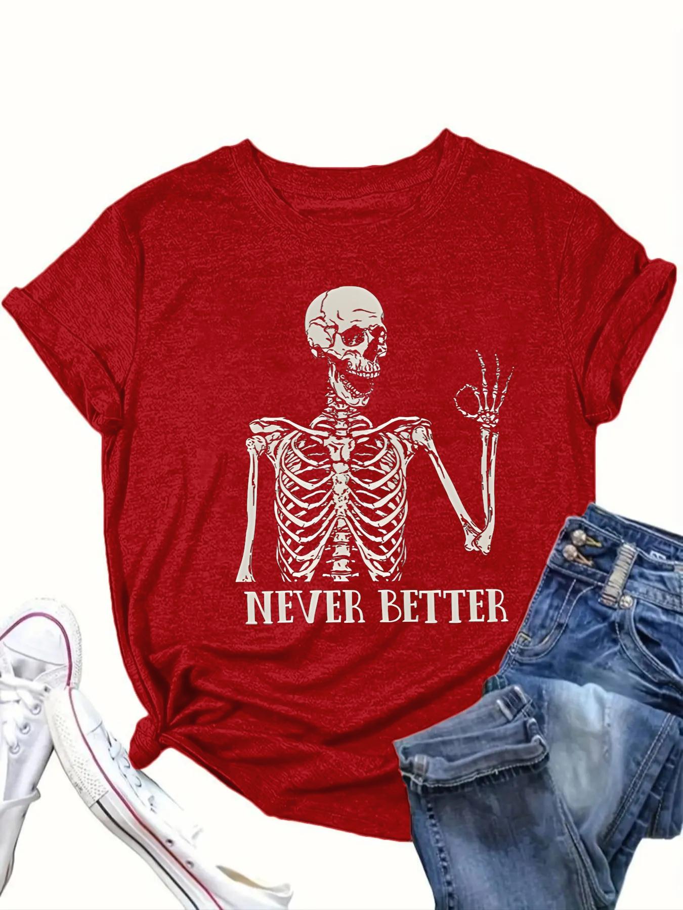 【Plus Size】 Letter & Skull Print Round Neck Tee, Casual Short Sleeve Crew Neck T-Shirt for Daily Wear, Women's Clothing for All Seasons, Halloween
