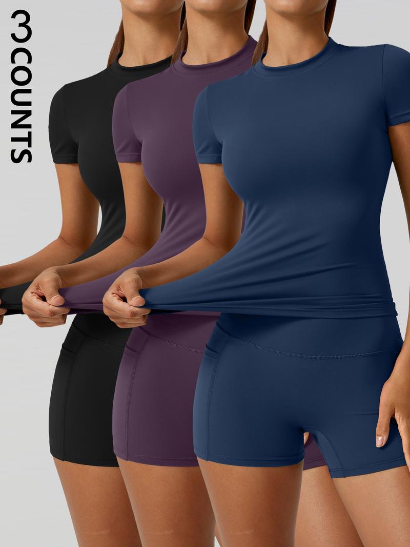 Women's Solid Tee & High Waist Shorts Sportswear Set, Casual Sporty Short Sleeve T-Shirt & Skinny Shorts, Ladies Summer Sportswear for Gym Workout Running, Breathable Activewear, Sporty Breathable Outfits