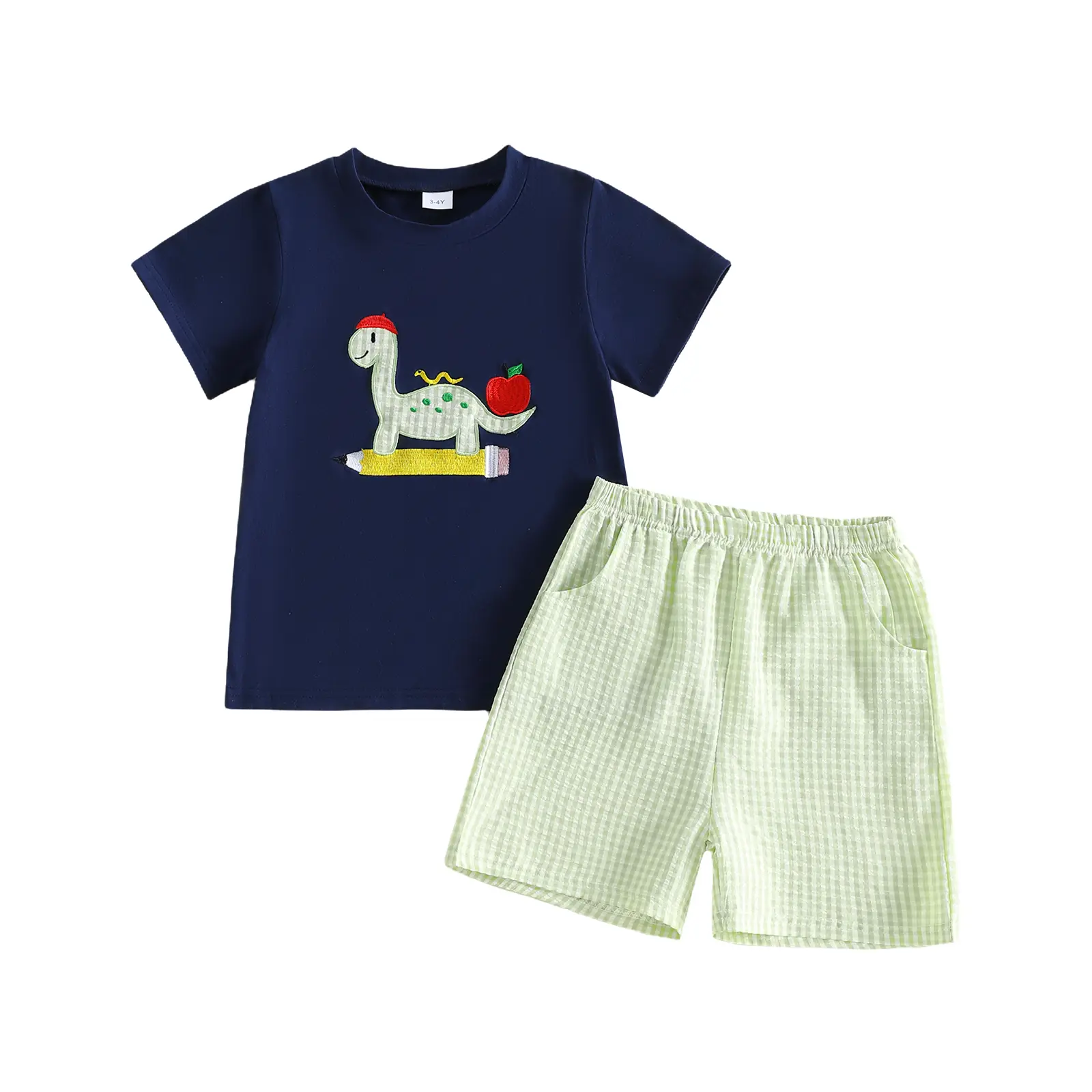REDWOON Toddler Baby Little Boy Back to School Outfits Short Sleeve Dino Embroidery T-Shirt + Shorts Set Clothes 1-6 Years