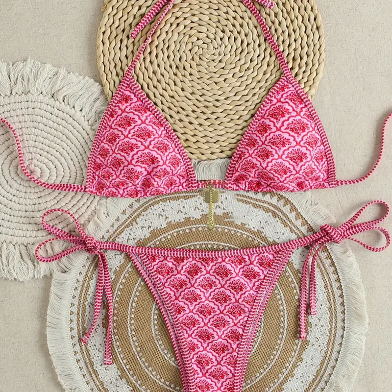 Two-Piece Set Women's All Over Floral Print Bikini Set, Flower Bikini Sets, Style Bikini Set, Casual Fashion Chic Swimsuit Set, Ladies Swimwear Bikini Beachwear for Beach Holiday Vacation