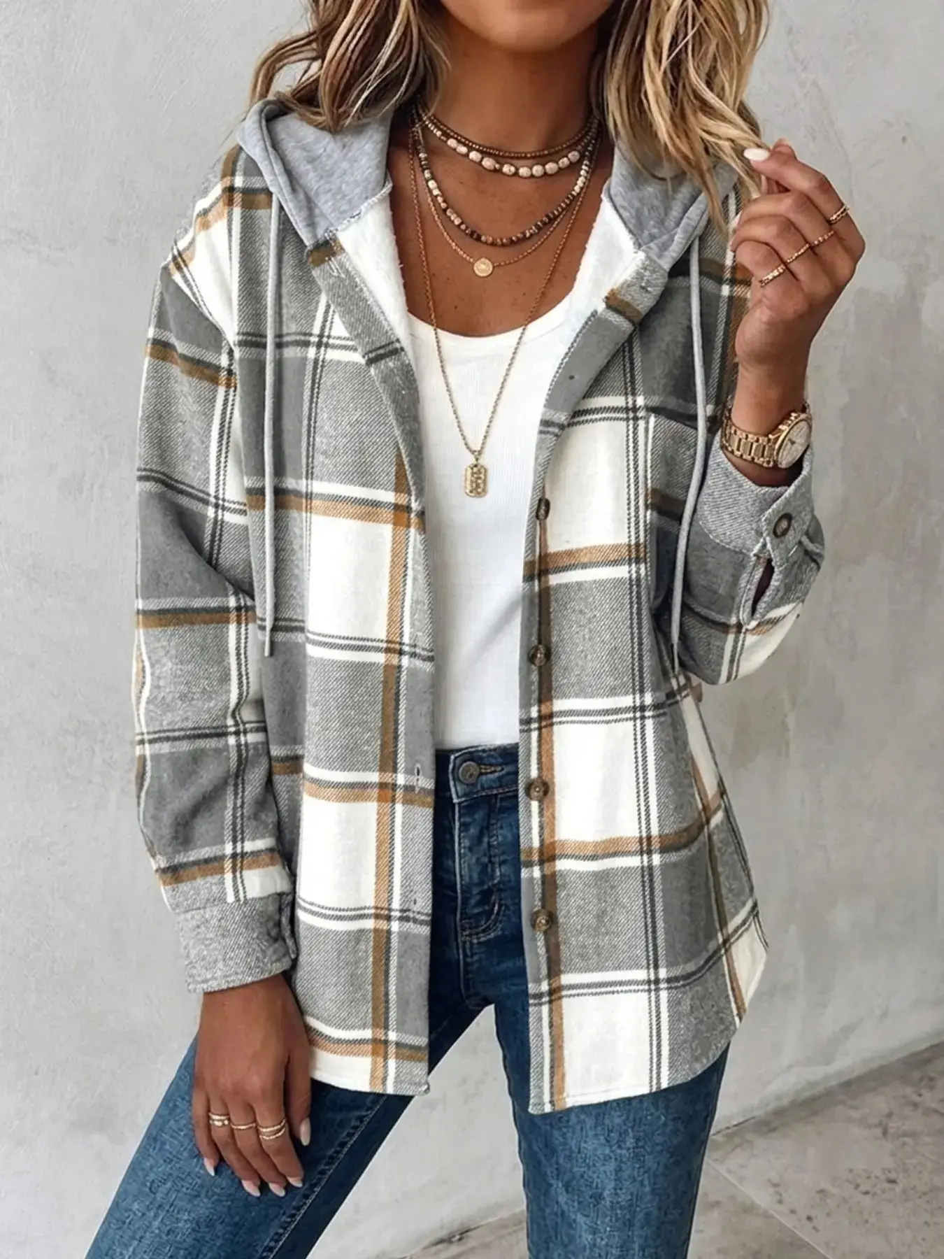 Women's Plaid Long Sleeve Shirt Jacket, Coats, Loose-Fitting H-Type, Vintage Metal Buttons, Breathable Fall&winter Outerwear