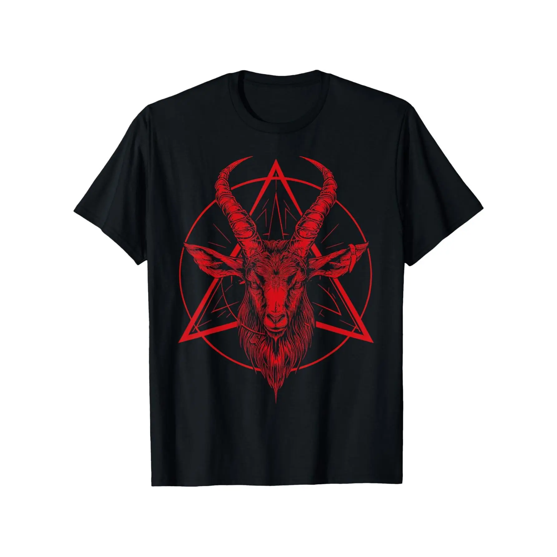 Menswear Gothic Baphomet Pentagram Graphic Tshirt - Unisex Round Neck Shortsleeve Top, Soft Breathable Fabric, All Seasons Casual Streetwear, Minimalist, Soft Cotton, Crew Neck, Machine Washable