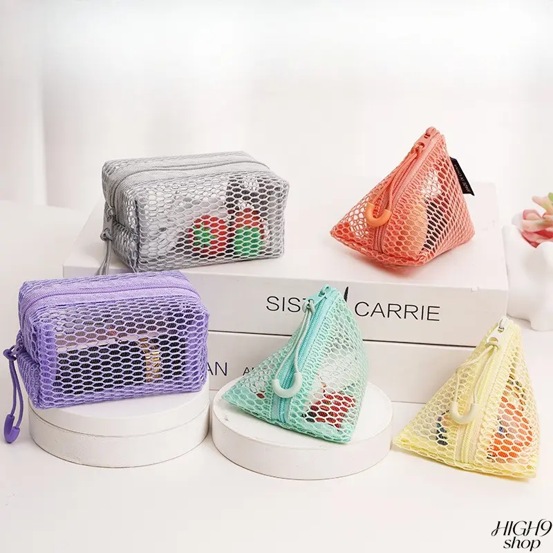 Honeycomb Mesh Triangle Zipper Pouch, Portable Mini Mesh Storage Bag (3.54×3.54×3.54 Inches), Small Coin Purse for Earbuds, Keys, Lipstick & USB Cables