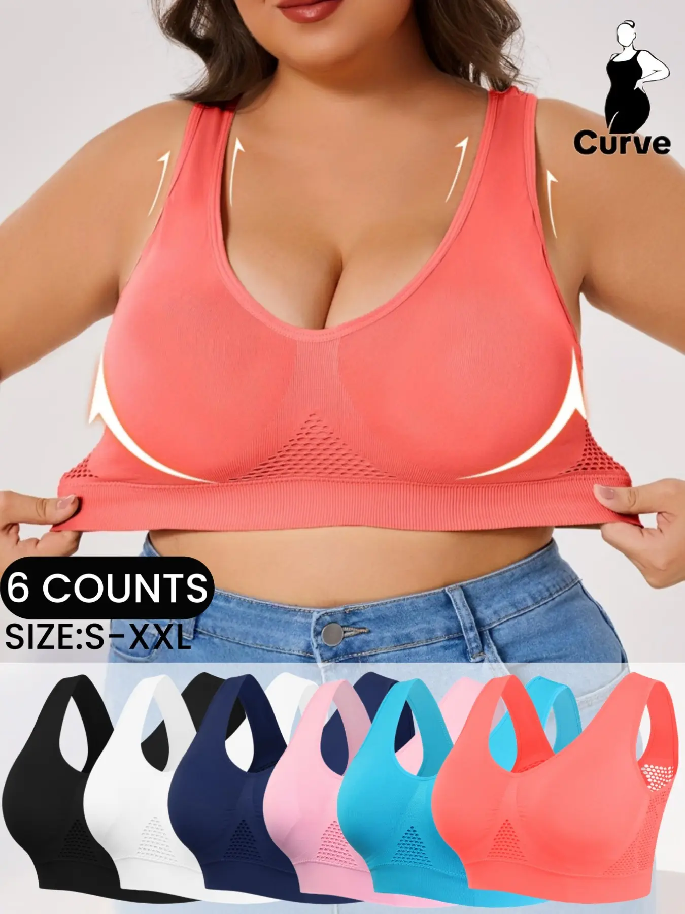Plus Size Seamless Knit Sports Bra, Full Coverage, Wire-Free Support, Breathable Comfort, Ideal for Yoga, Fitness, Running