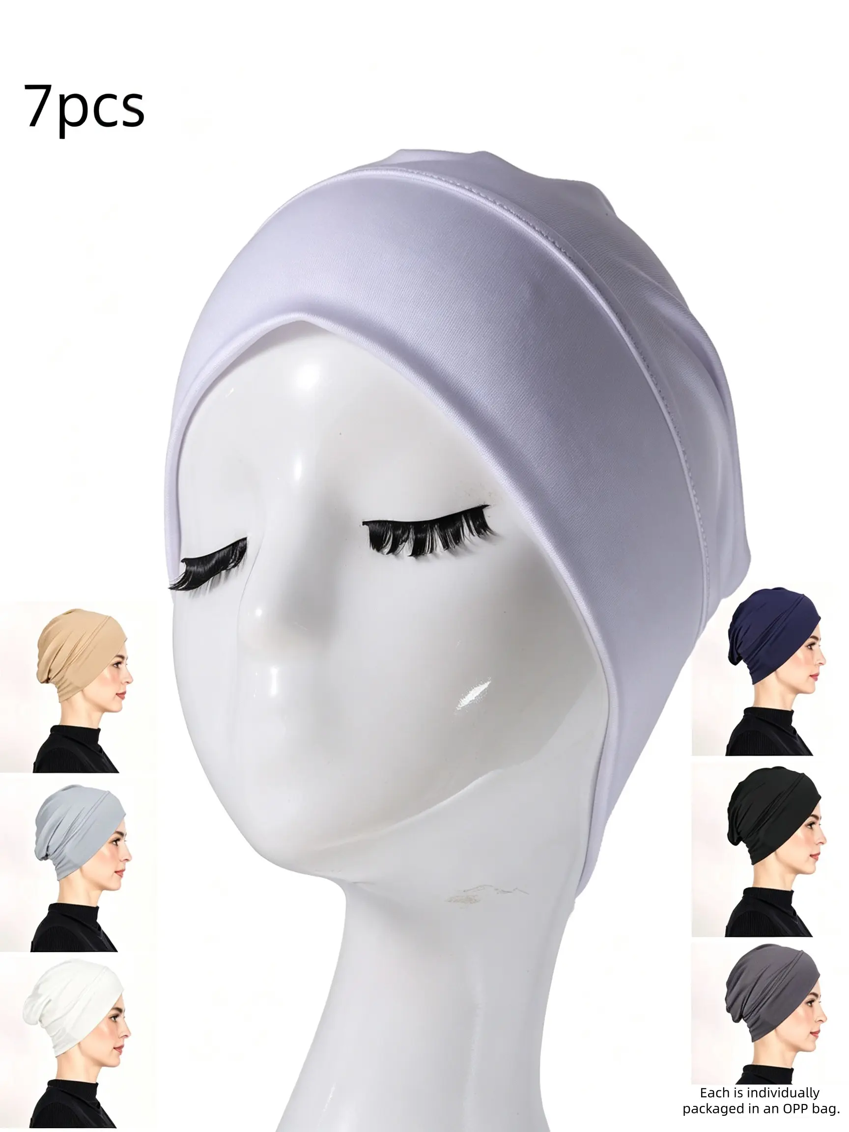 Muslim Women 7-Pack Polyester Turban Hats, Elastic Breathable Under Hijab Caps, Solid-Color Base Beanie for Hijab Lovers, All Seasons