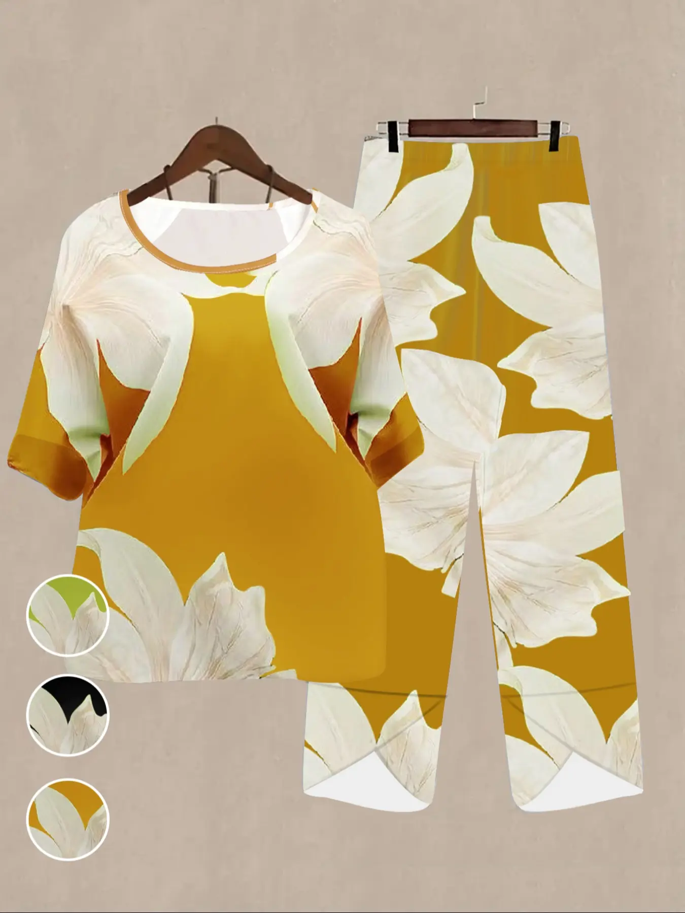 Fashion Round Neck Short Sleeve Top and Patchwork Print Pants Preppy Matching Set, Casual Loose Two-Piece for Outdoor Indoor Commuting