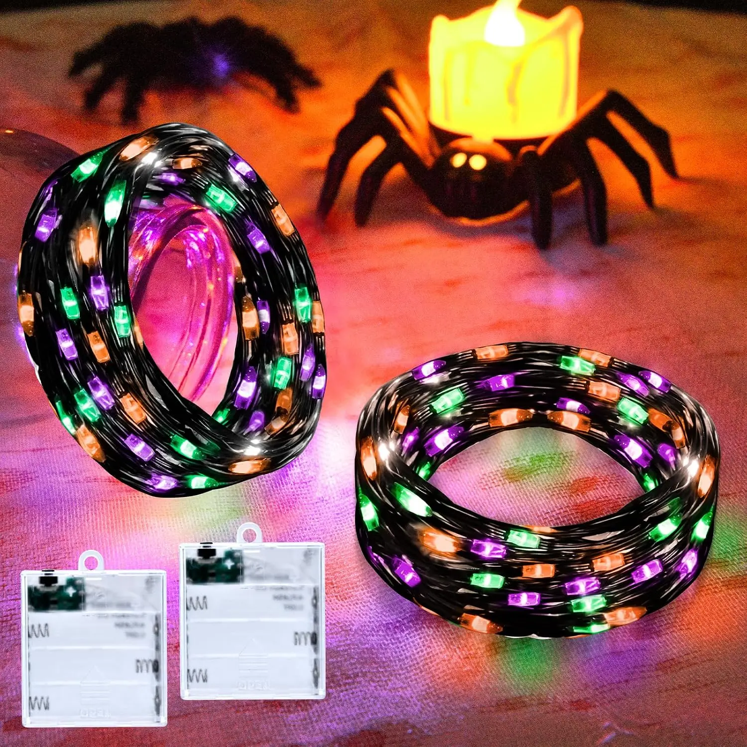 Orange  Green Fairy Lights Battry Operated with Timer, Halloween String Lights for Outside 16.4ft 50LED Indoor Outdoor Halloween Decorations Garland Party Patio Garden Yard 2 Packs