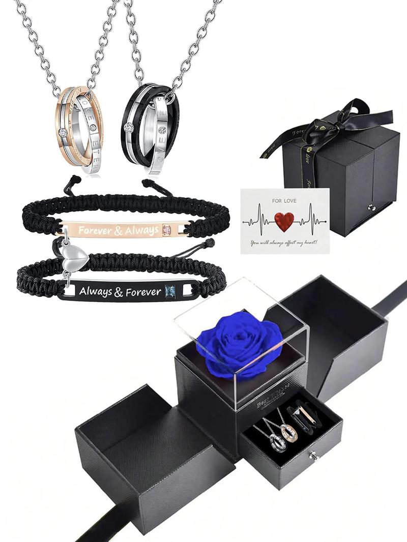 Valentine's Day Couple Jewelry Set with Rose Box, Including Rhinestones Decor Pendant Necklace & Heart Charm Bracelet, Adjustable Jewelry Set for Men & Women, Gift for Couple, Jewellery Gift Set, Mother's Day Gifts, Gift Set for Mothers, Gifts for Her