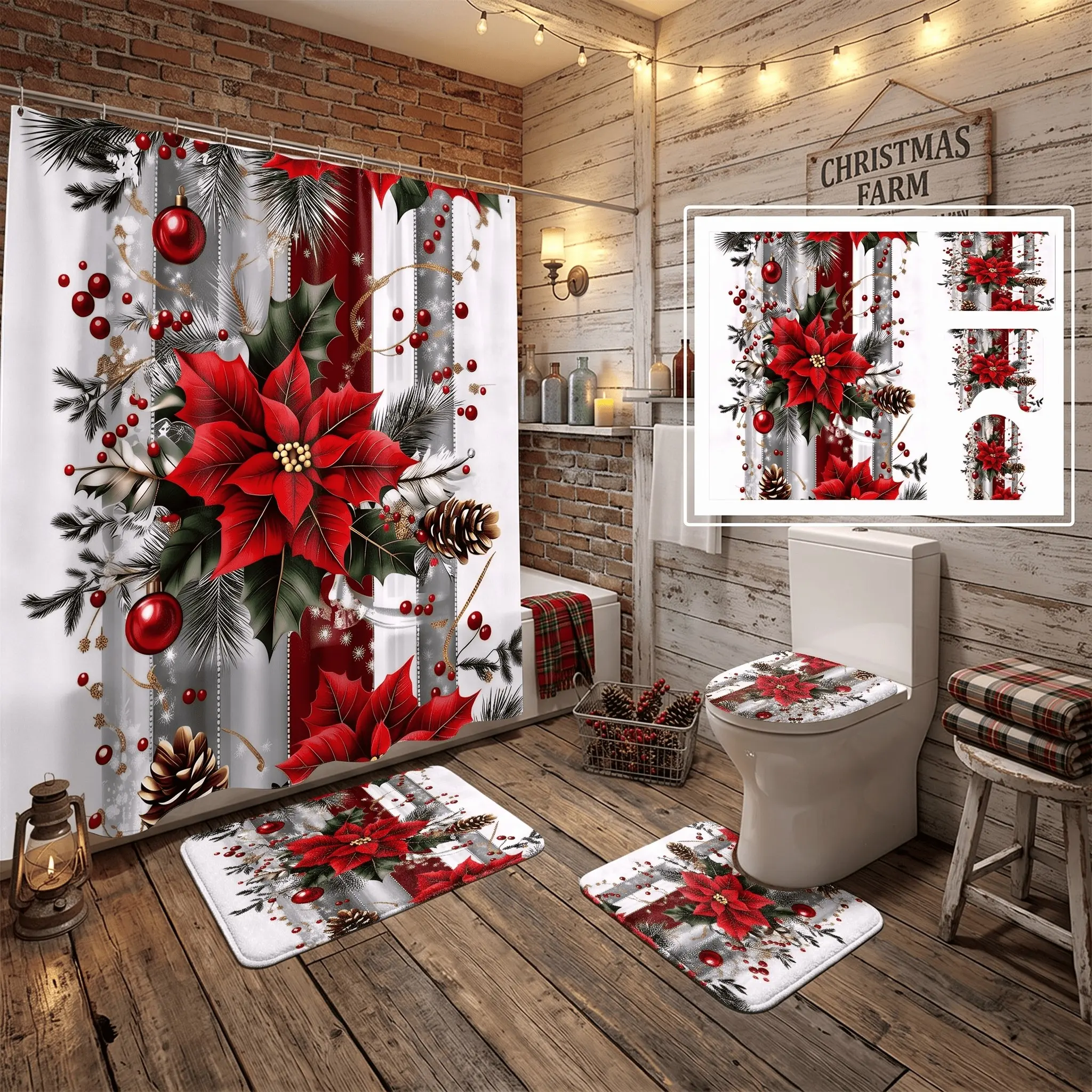 4pcs Christmas Shower Curtain Set, Non Slip Rugs, Poinsettia Floral, Winter Holiday Bath Decor, Includes Bath Mat,The floor mat fabric is thicker and softer!  12 Shower Hooks