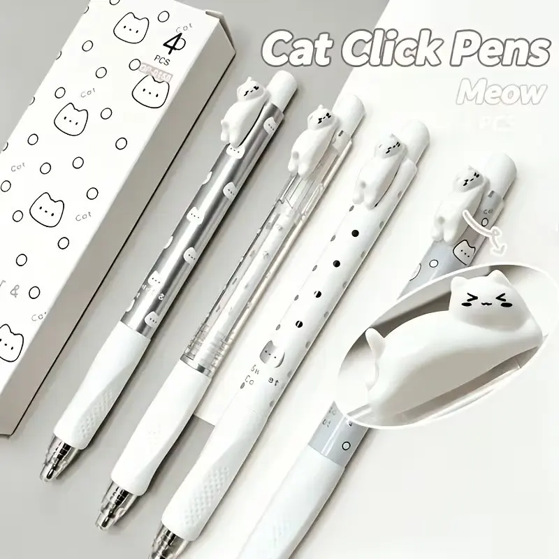 4-Pack Cute Cat Design Push-Button Neutral Pens, 0.5mm Fine Tip, Gel Ink, Ideal for School Office Supplies, Stationery Set