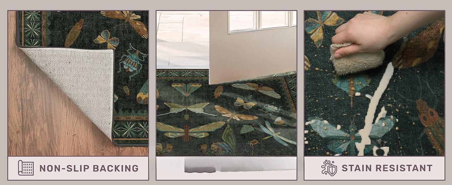 2x3 Entry Way Rugs Indoor - Dark Green Small Throw Rug for Kitchen, Bathroom, Insect Boho Design, Washable Non Slip Stain Resistant